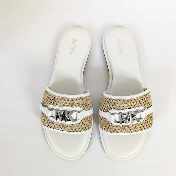 MK Michael Kors Womens Ember Slide Sandal Size 10 Natural Raffia Optic White NIB - Picture 2 of 16